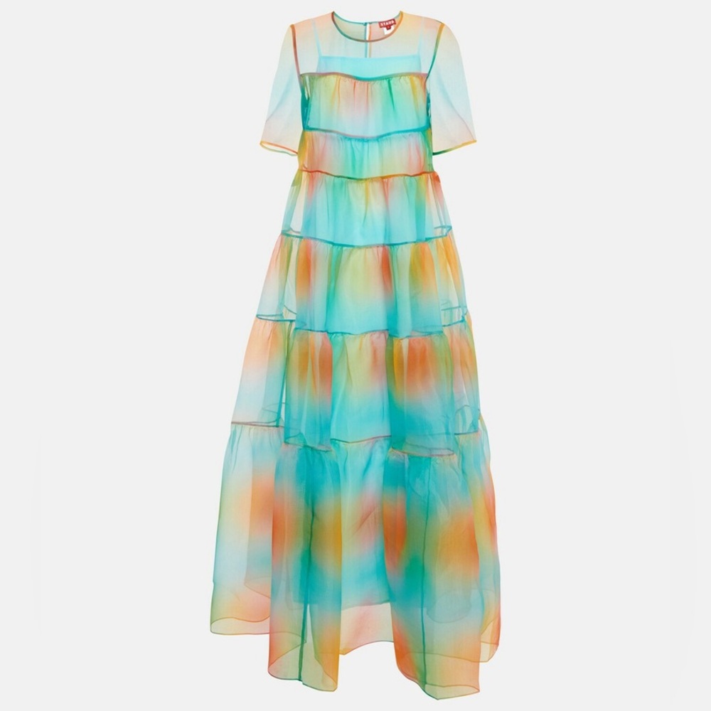 STAUD Hyacinth Tiered Rainbow Dress maxi crepe‎ organza sheer Multi Aura XS - Picture 4 of 7